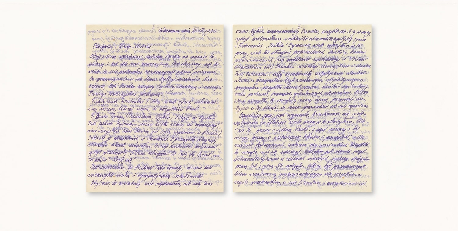 Poszczególne strony listu Mieczysława Tretera do Juliana Fałata, napisanego z Warszawy 27 marca 1926 roku, dotyczącego korekty tekstu przygotowanego do fałatowskiego numeru „Sztuk Pięknych”